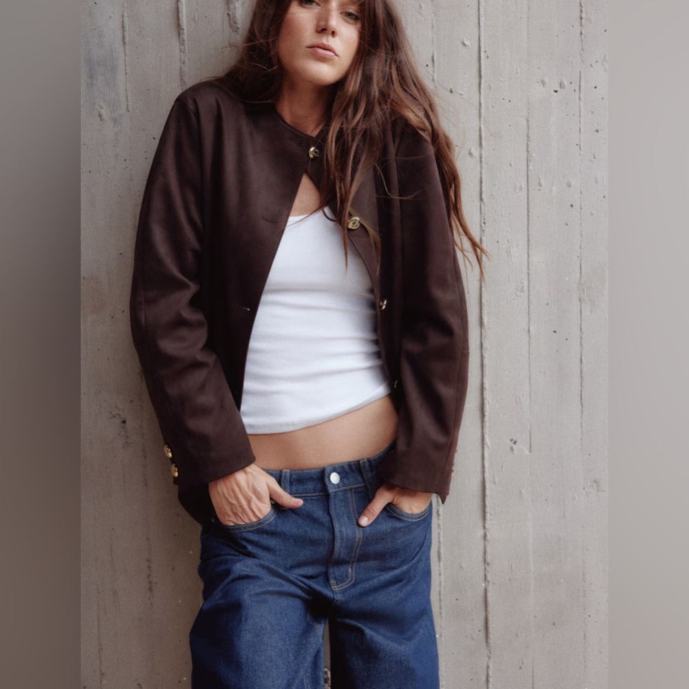 NEW H&M DARK BROWN SUEDE JACKET WITH GOLD BUTTONS SIZE S - BLAZER STYLED JACKET